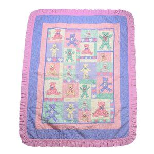 Vintage Teddy Bear Baby Quilt Purple Pink Ruffle Cottage